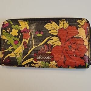 Sakroots Wallet Coin Purse Coated Canvas Floral Peace Beaded Embroidered Edge